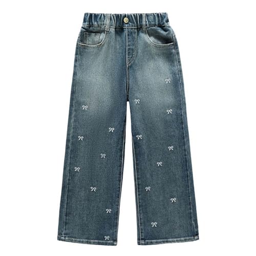 パンツ Eyelet Baggy Denim Pants Girls Baggy Wide Leg Jeans Ripped High Elastic Waisted Denim